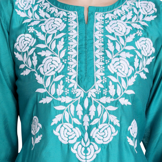 Women Chikankari Chanderi Silk Straght Kurti