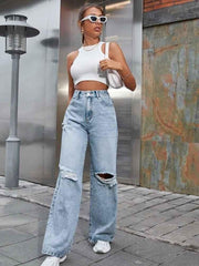 Smiling Jaw Wide Knee Cut Straight Jeans For Women's